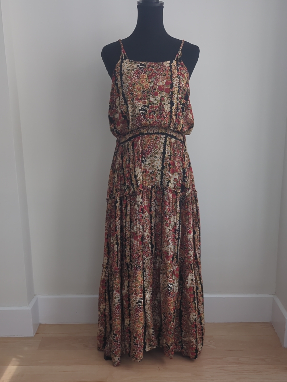Free People "Valerie" Printed Floral Red Cream Tiered Maxi Dress XS